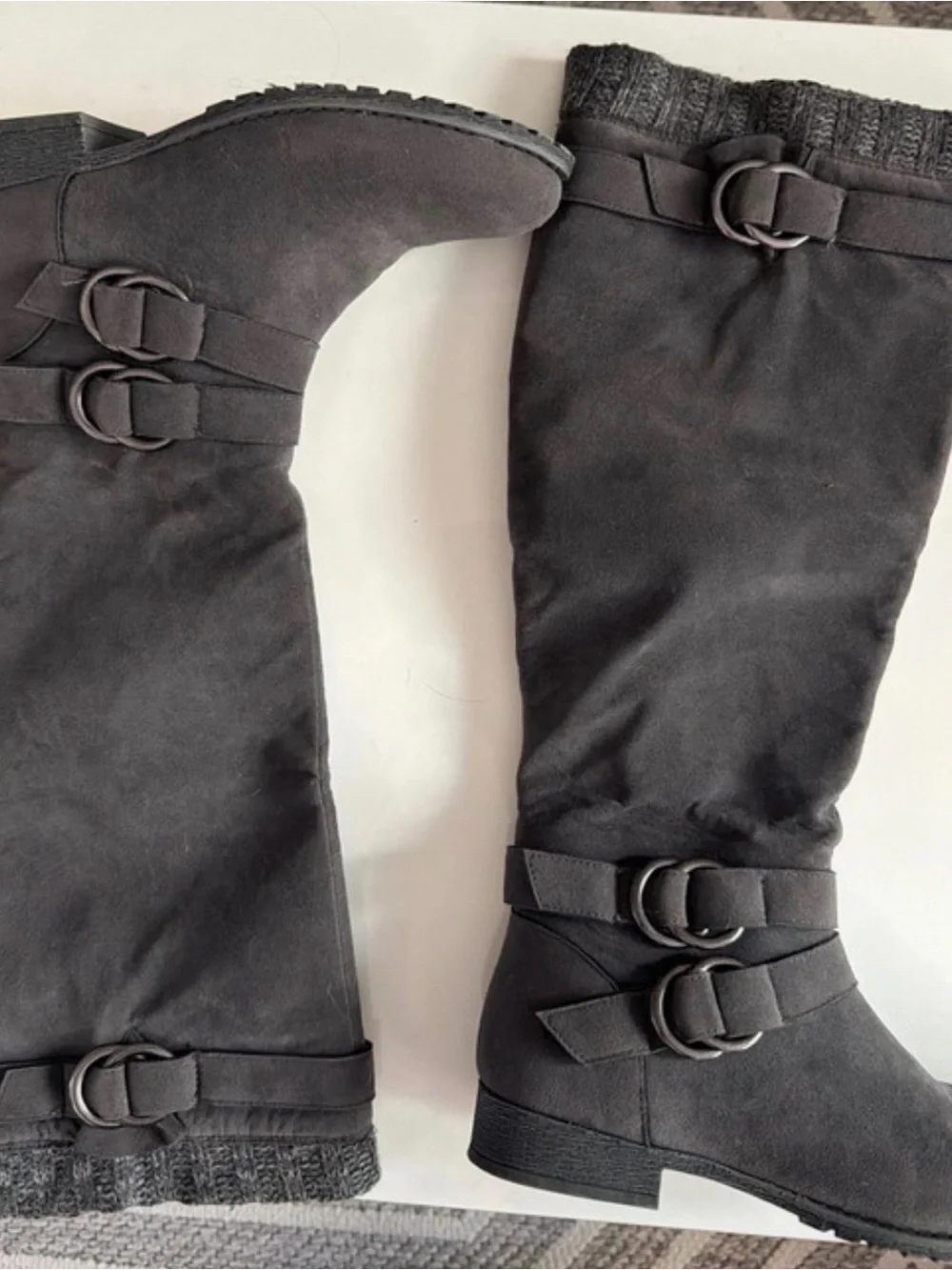 Shoe Dazzle Black Over-the-Knee Buckled Knit-Cuff Boots